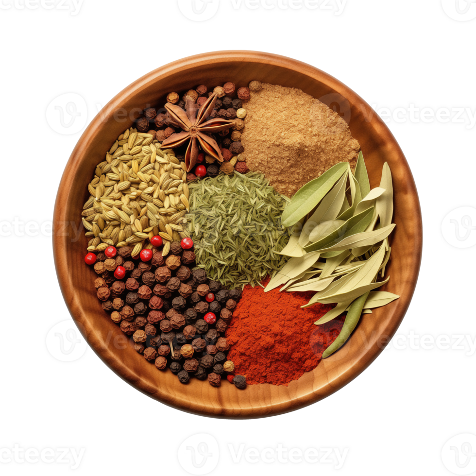 AI generated Spices and herbs in wooden bowl isolated on transparent background png