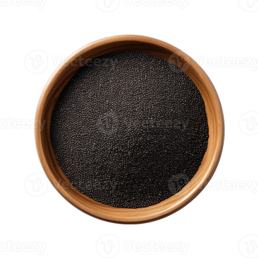 AI generated Black sesame seeds in a wooden bowl isolated on transparent background png