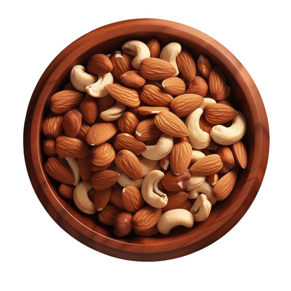 AI generated Mixed nuts in wooden bowl isolated on transparent background png