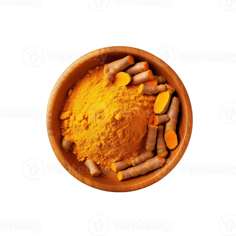 AI generated Turmeric powder in wooden bowl isolated on transparent background png