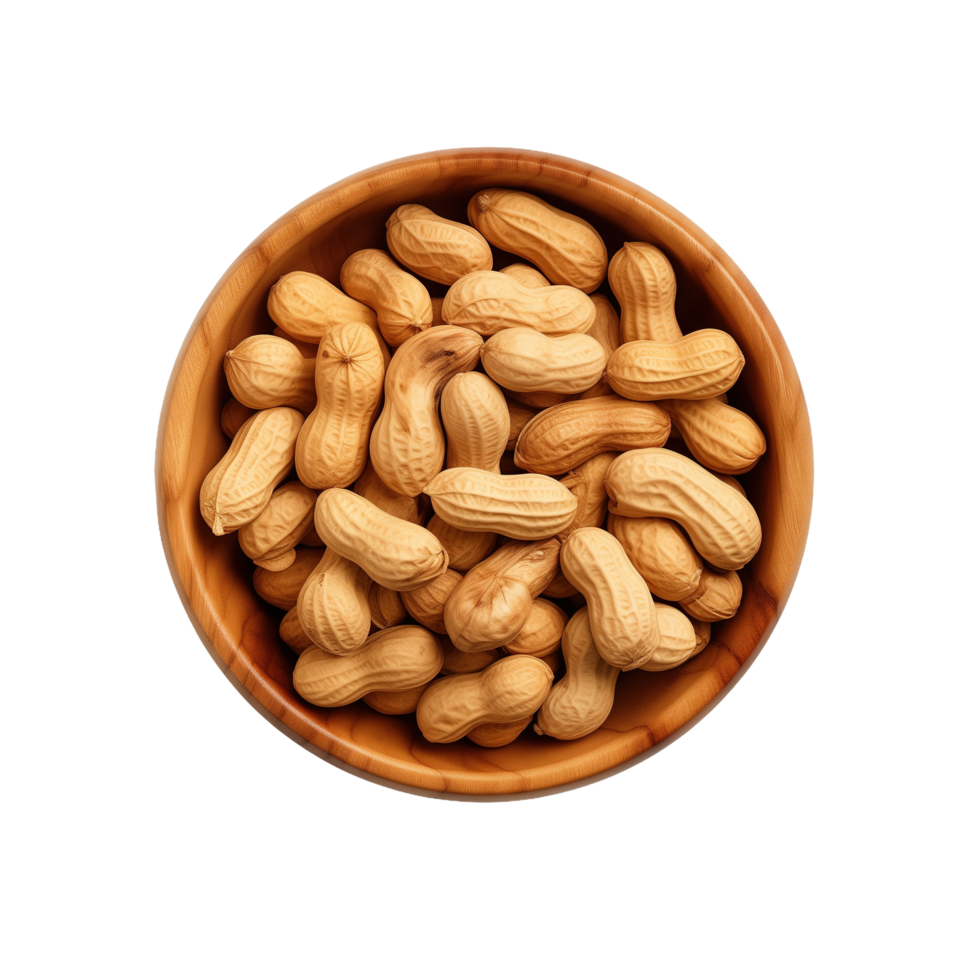 AI generated Peanuts in wooden bowl isolated on transparent background png