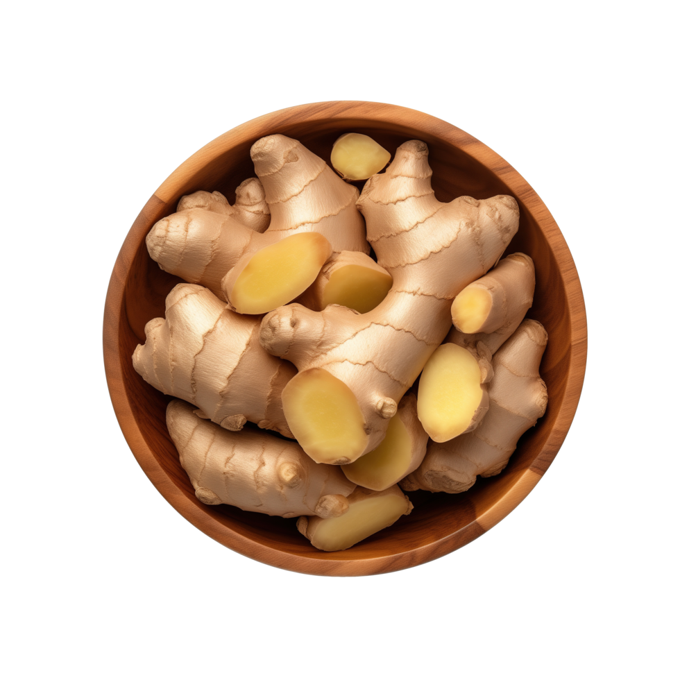 AI generated Ginger root in wooden bowl isolated on transparent background png