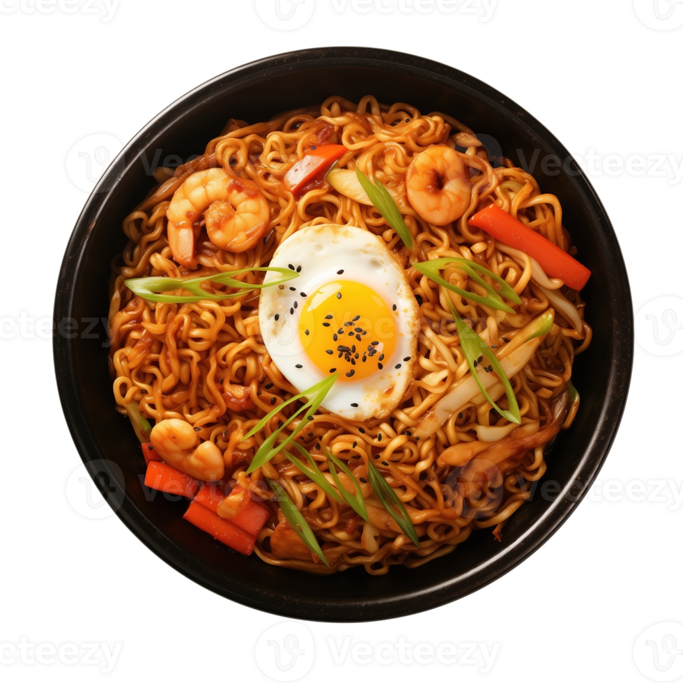 AI generated Instant noodles with shrimps and egg in bowl on transparent background png