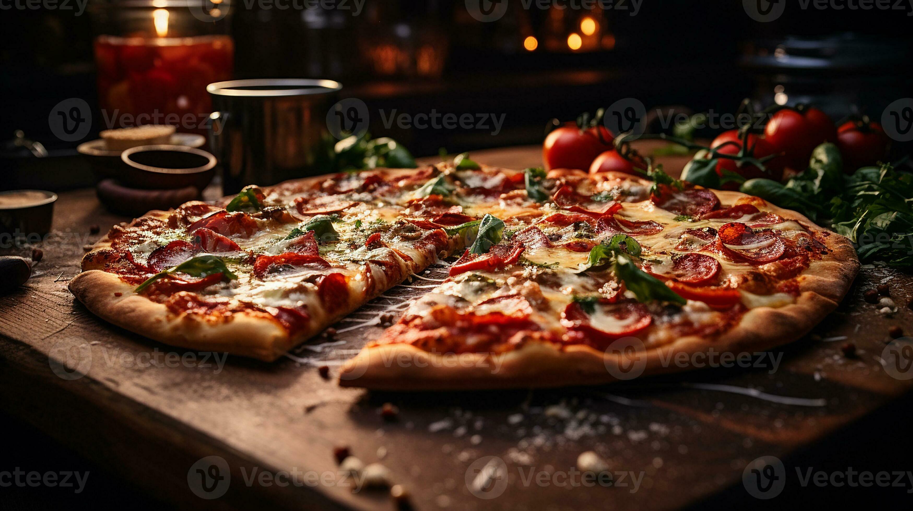 AI generated Half pizza cut with tomato, meat, mozzarella on pizza pan