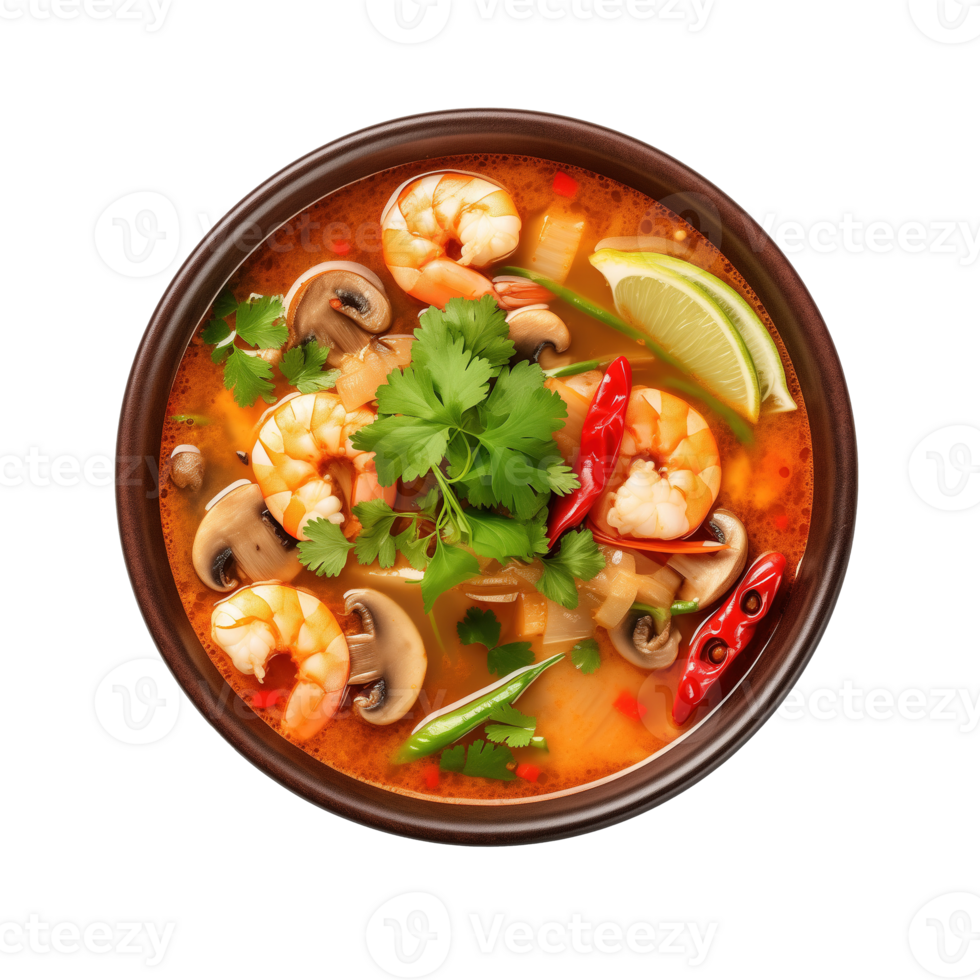 ai generiert Schüssel von lecker thailändisch Suppe mit Garnelen auf transparent Hintergrund png