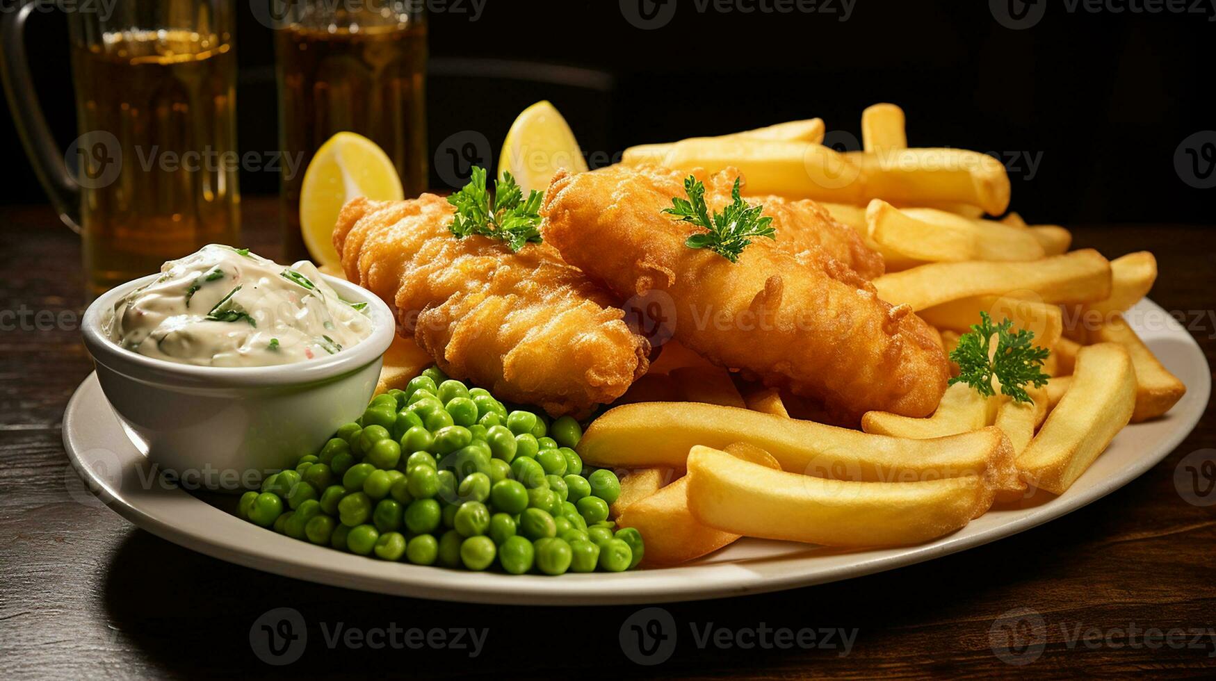 AI generated Crispy fish and chips on white plate with tartar sauce and peas, Side Shot photo