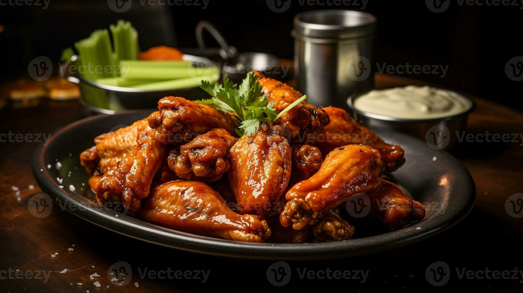 AI generated Chicken wings tossed in buffalo sauce served with celery sticks and cheese, Close-up Shot photo