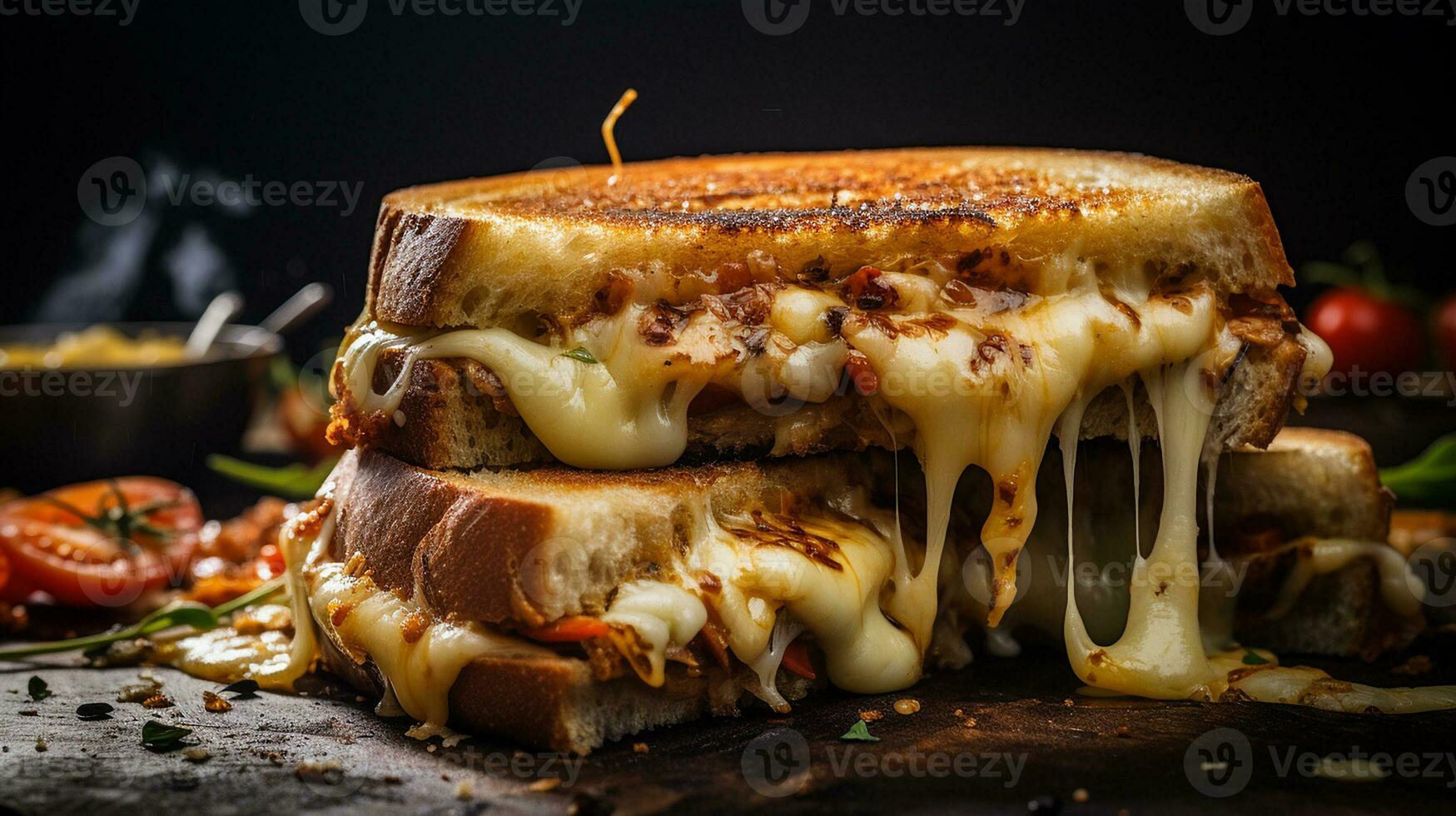 AI generated Grilled cheese sandwich with melty cheese on the wooden board, Mid-angle Shot photo
