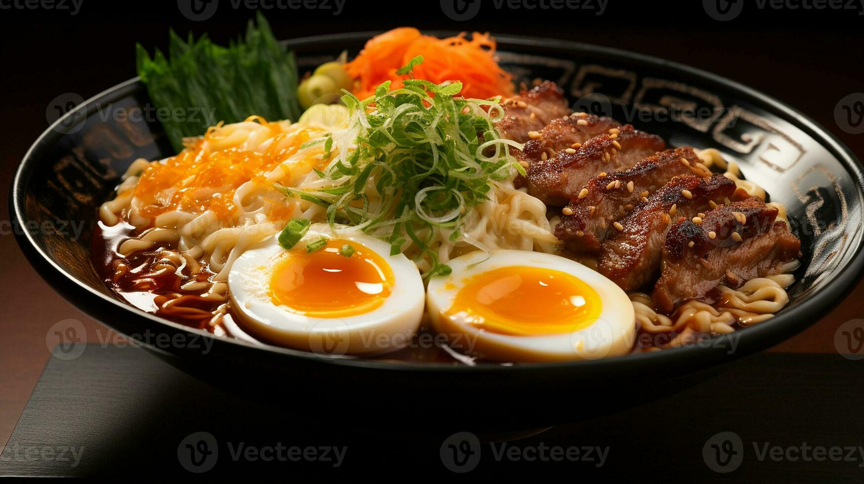 AI generated A bowl of noodles with an egg and vegetables on wooden table, Mid-angle Shot photo