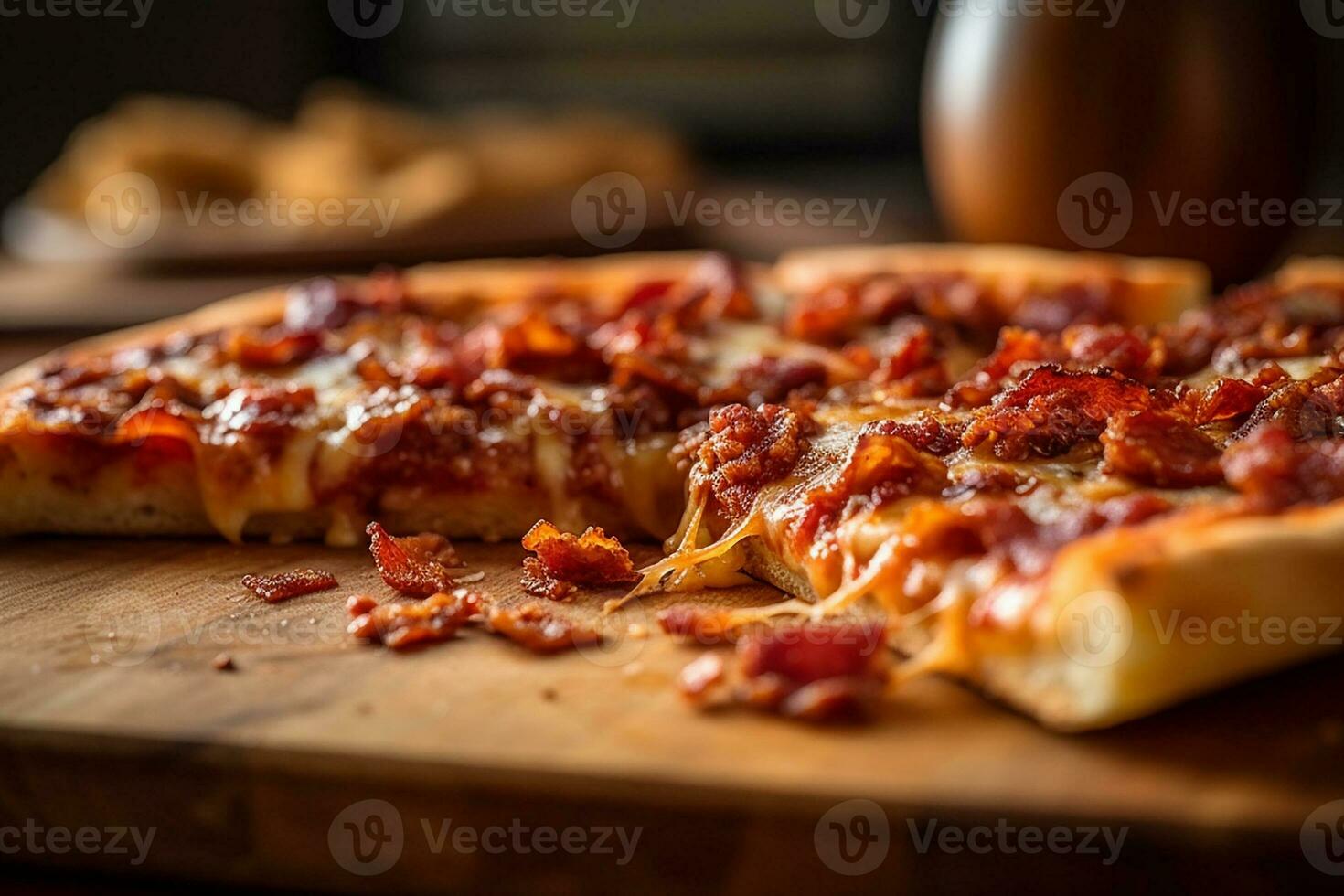 ai generado carne amantes Pizza con tocino y pepperoni en un de madera plato, macro Disparo foto