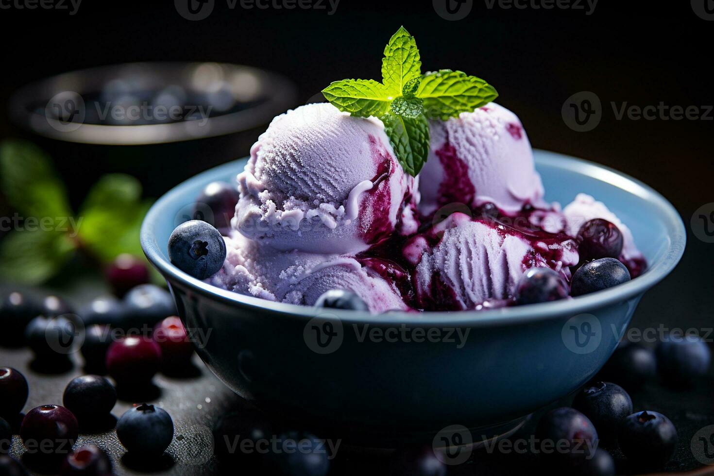 AI generated Blueberry ice cream in a white ceramic bowl with mint leaves and drizzled with blueberry syrup, Close-up Shot photo