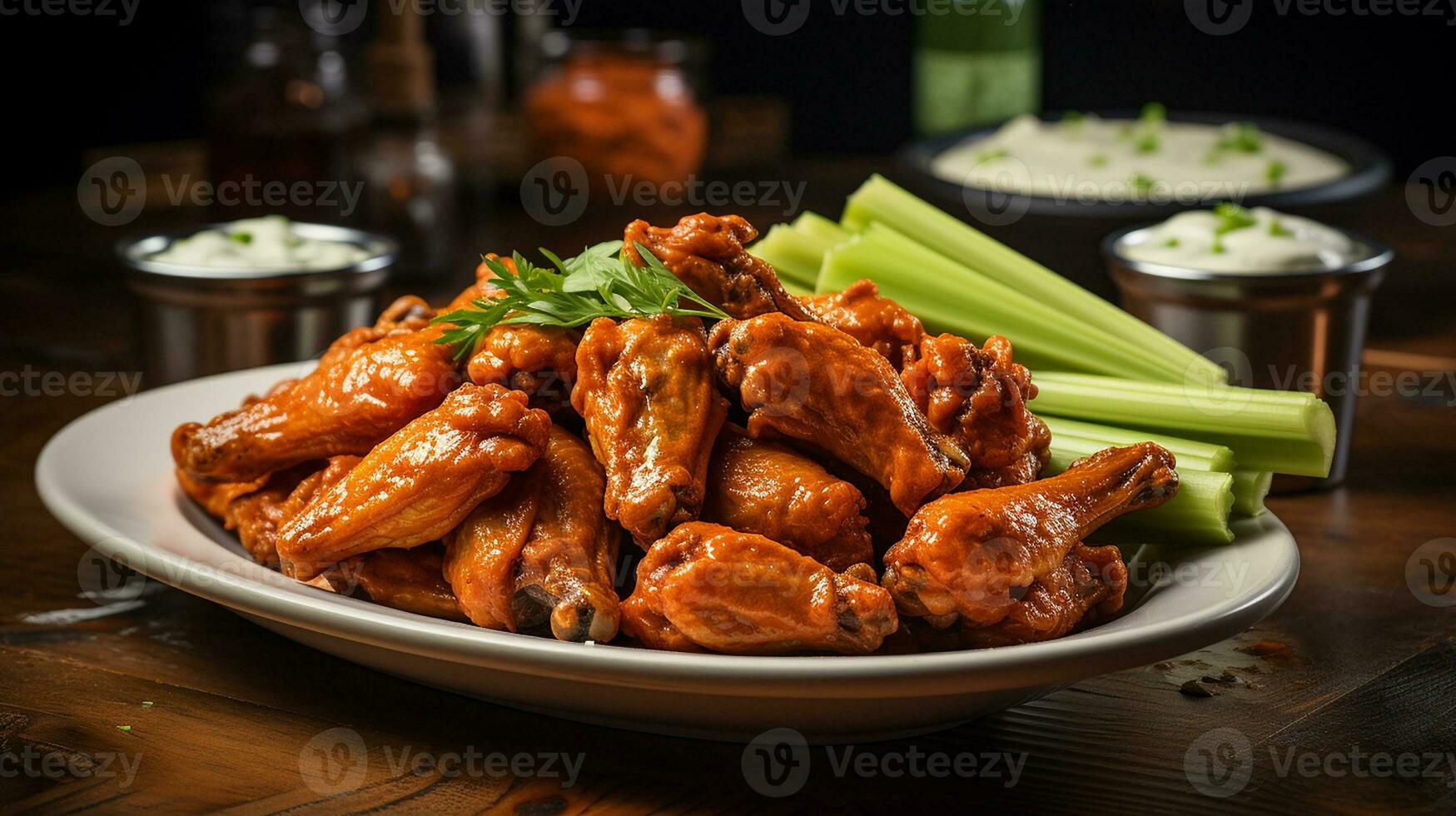 AI generated Chicken wings tossed in buffalo sauce served with celery sticks and cheese, Close-up Shot photo