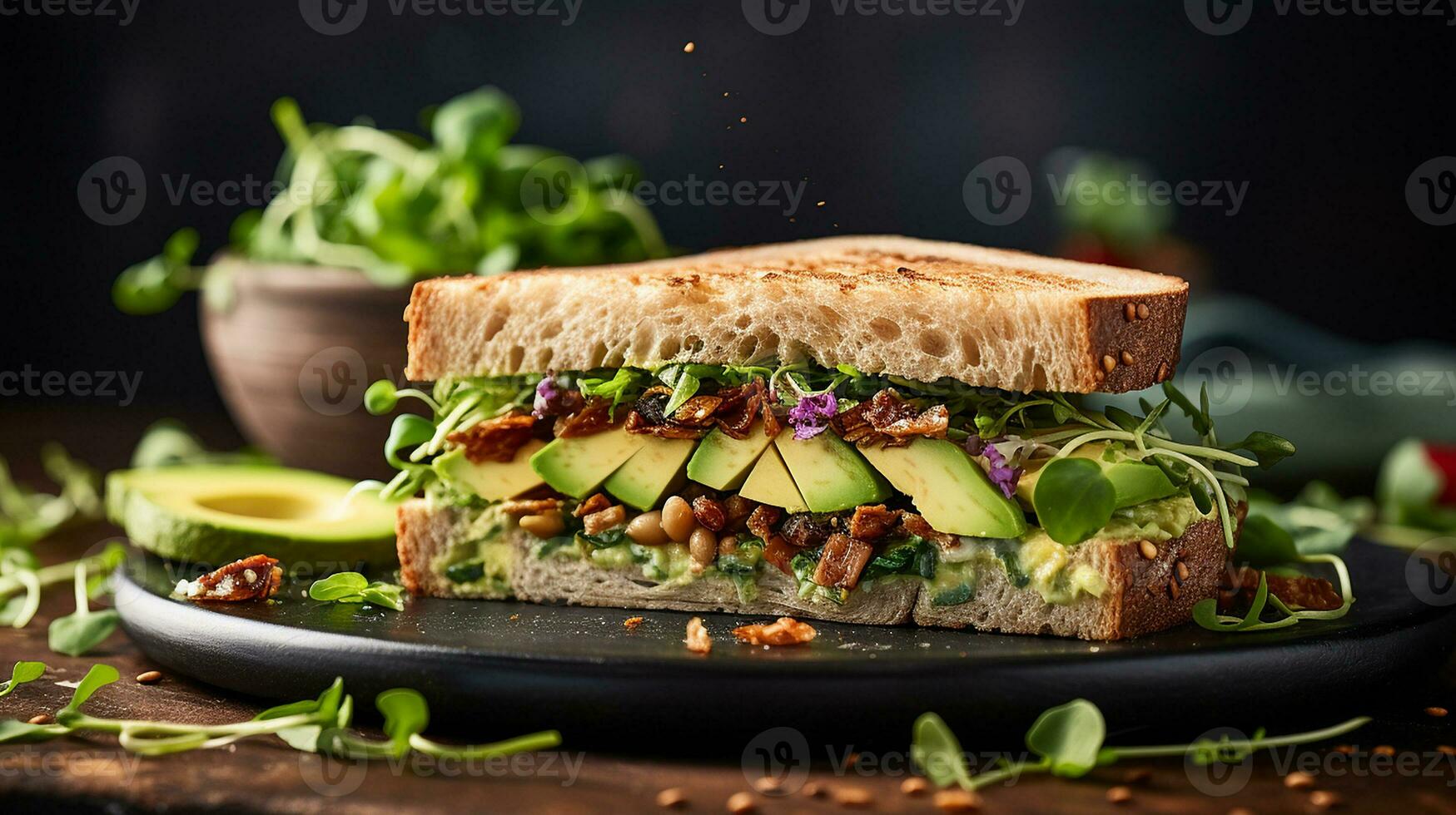 AI generated Vegan sandwich with whole grain bread, avocado, sprouts, cucumber on a rustic wooden board, Mid-angle Shot photo