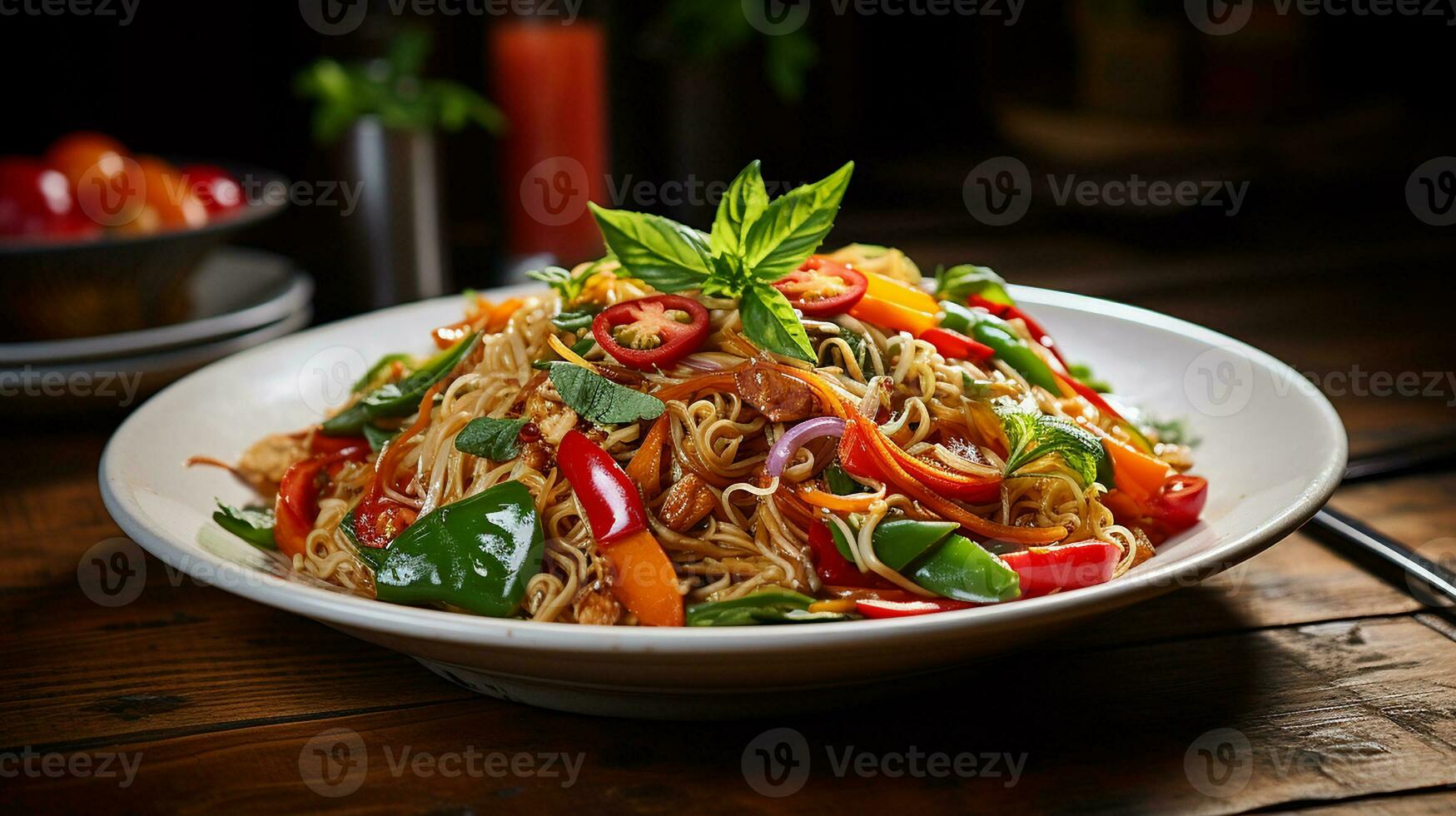 AI generated Stir-fried noodles with vegetables on rustic wooden table, Close-up Shot photo