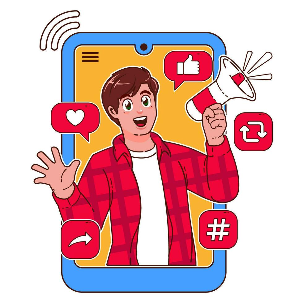 Man with a megaphone in his hand. Social media concept vector