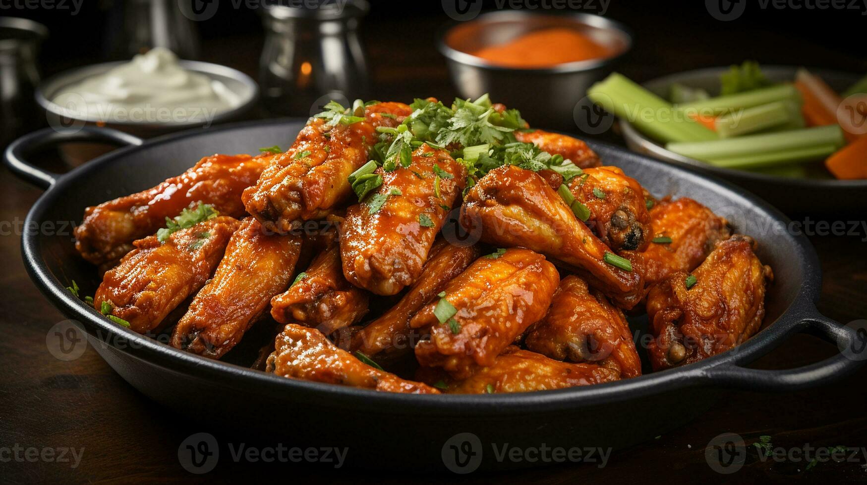 AI generated Chicken wings tossed in buffalo sauce served with celery sticks and cheese, Close-up Shot photo