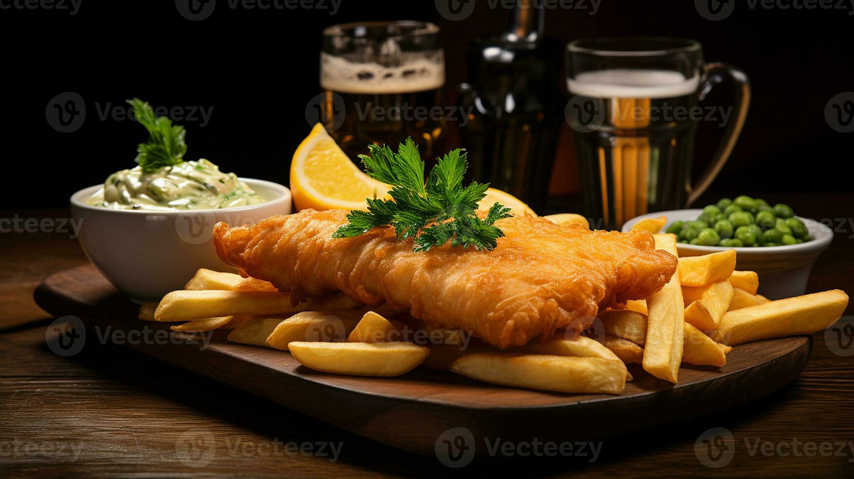 AI generated Crispy fish and golden chips with lemon wedge served on white plate with a pint of beer, Close-up Shot photo