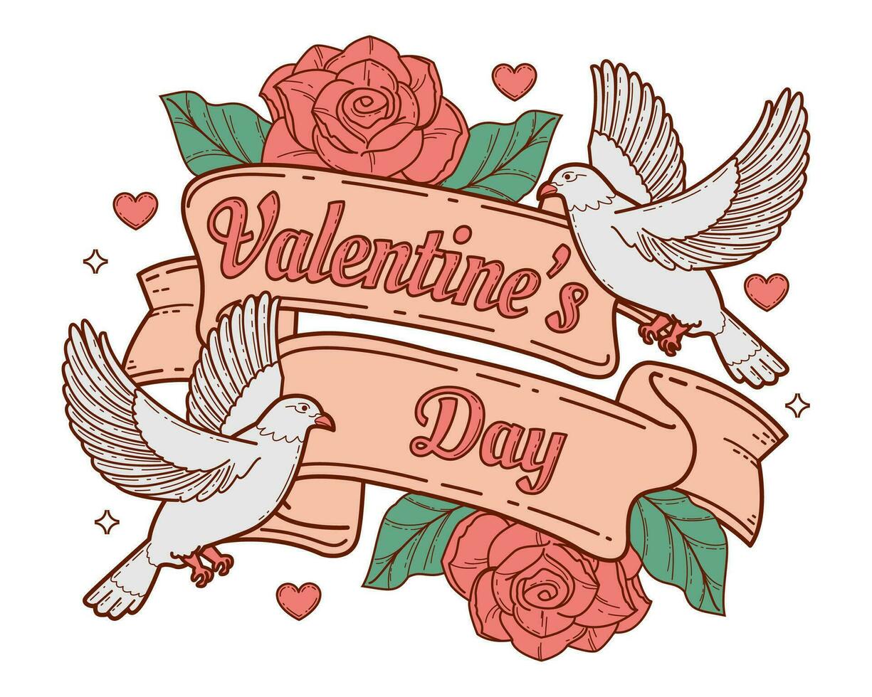 Happy Valentines Day card with Ribbon, roses and dove vector
