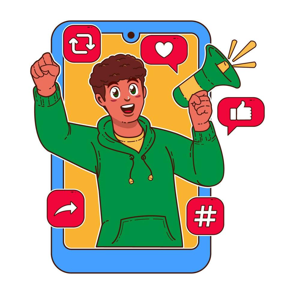 Man with a megaphone in his hand. Social media concept vector