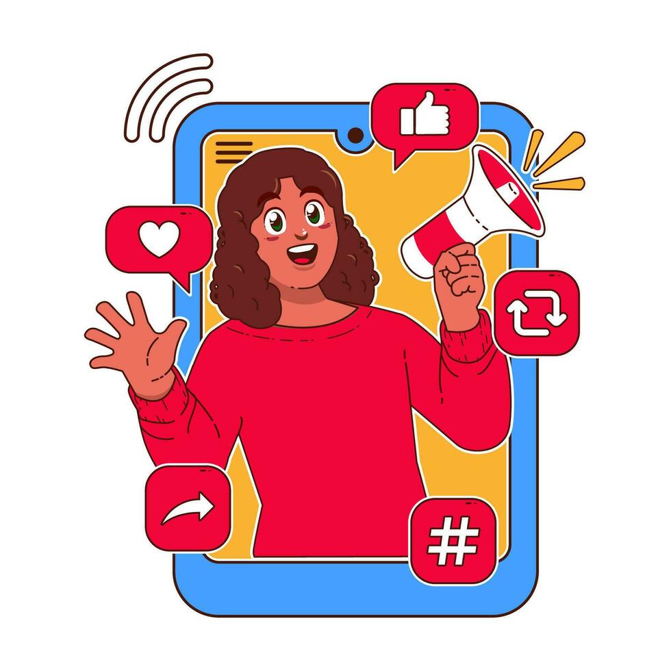 Woman with a megaphone in her hand. Social media concept vector