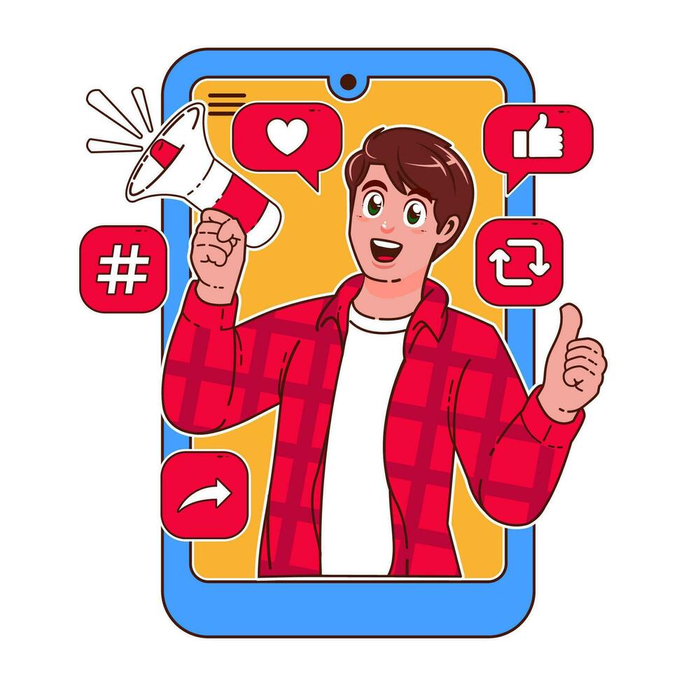 hombre con un megáfono en su mano. social medios de comunicación concepto vector