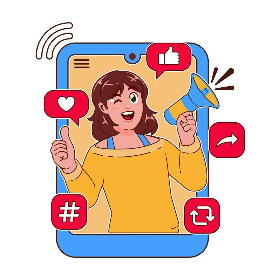 Woman with a megaphone in her hand. Social media concept vector