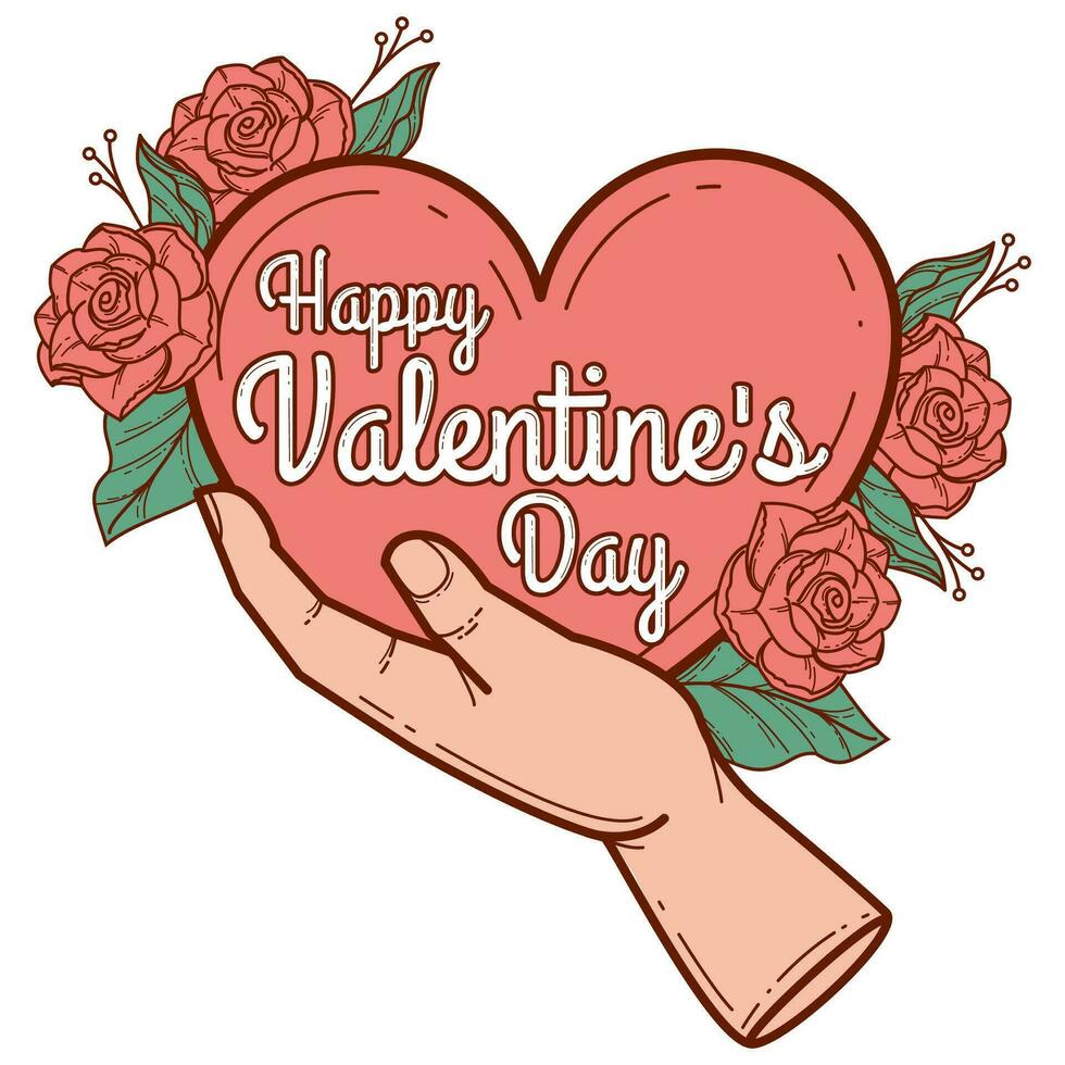 Valentines day greeting card with hands holding heart and roses vector