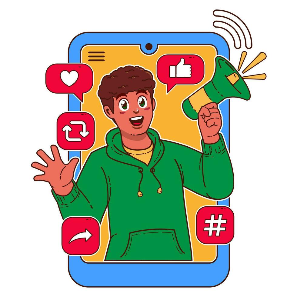 Man with a megaphone in his hand. Social media concept vector