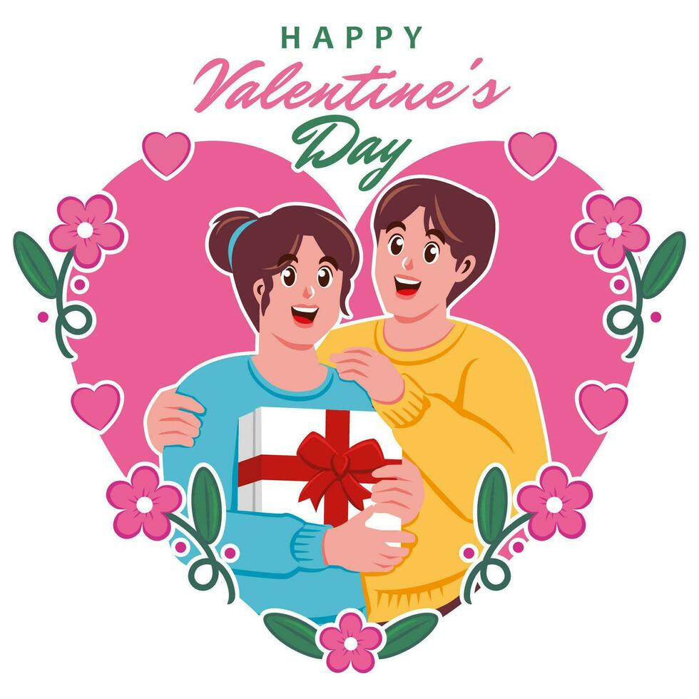 contento San Valentín día saludo tarjeta con linda Pareja en amor vector