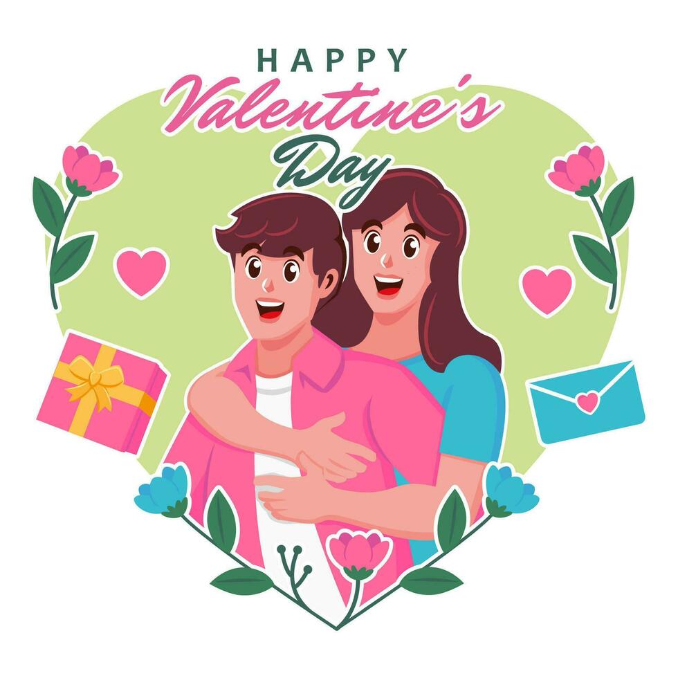 contento San Valentín día saludo tarjeta con linda Pareja en amor vector