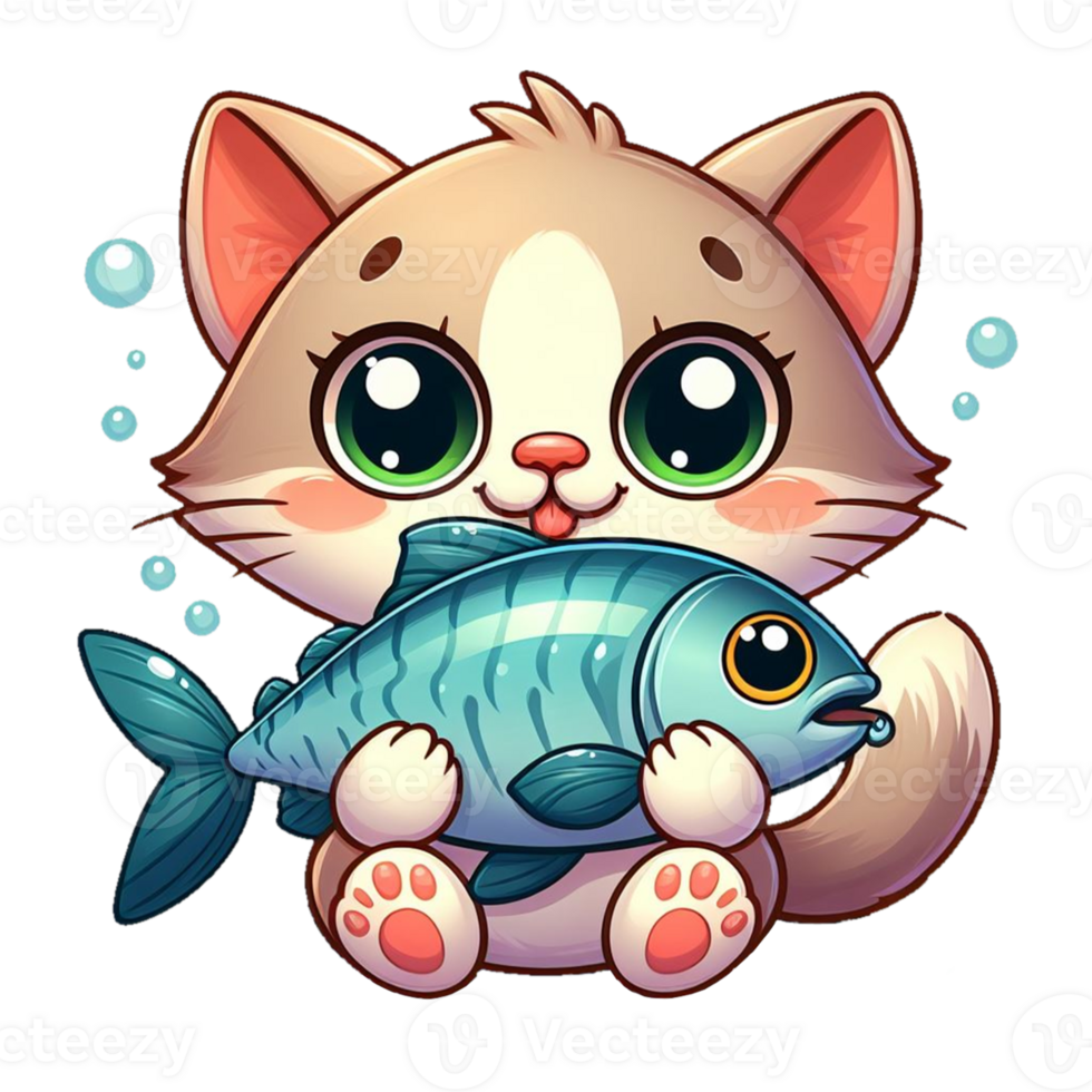 linda gatito sostiene un pescado png