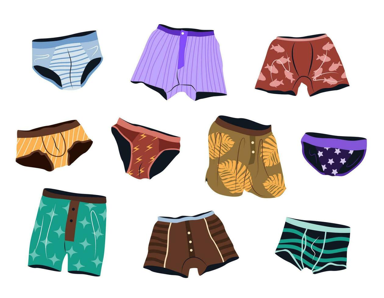 Men's underwear vector set. isolated illustrations of briefs, underpants, trunks, boxers and shorts on white background. Male casual clothes. Cotton underclothes for boys.