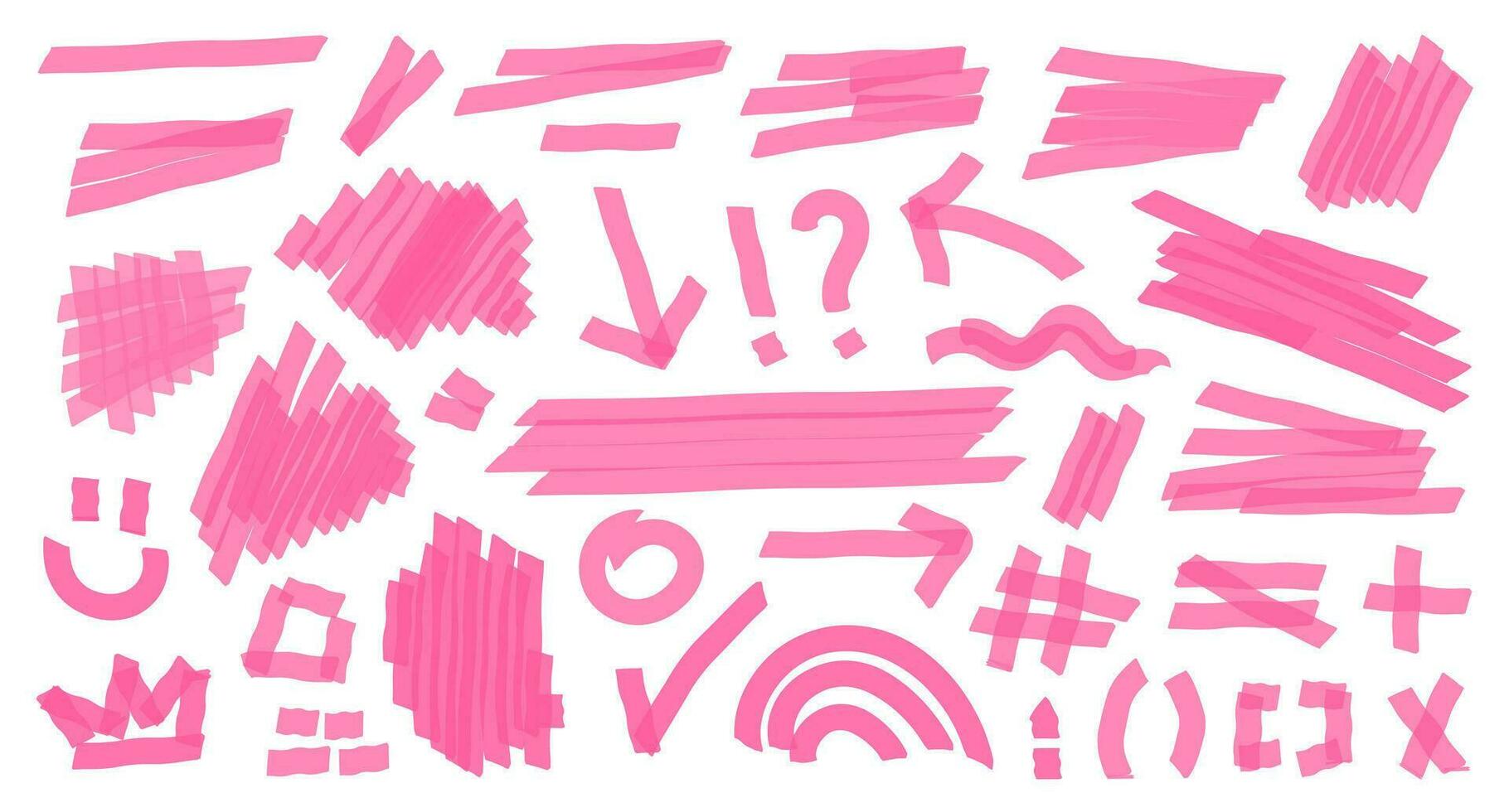 Set of hand drawn highlight brush lines, shapes, elements. isolated vector objects on white background. Doodle pink strokes of marker. Acid highlighters marker stripes, underlines for any use.