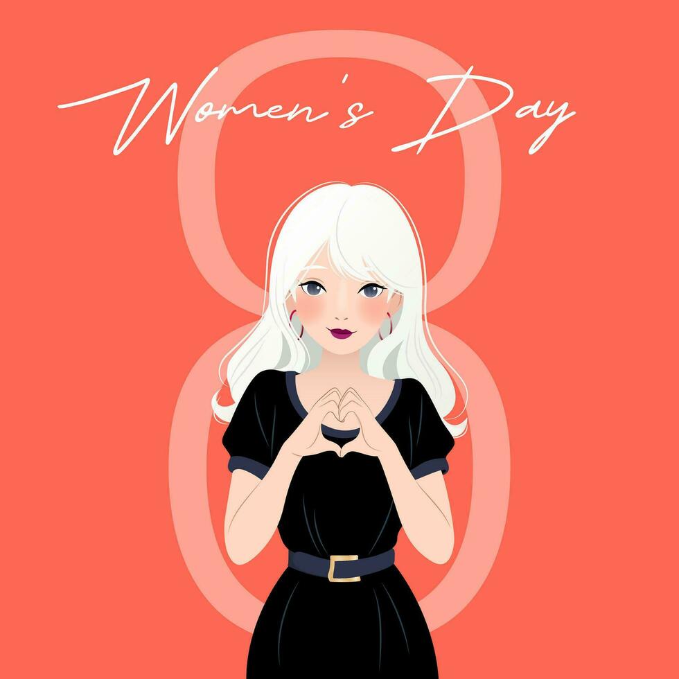 International Women's Day. 8 March. Poster with beautiful woman showing sign of heart. Inspire inclusion. Modern vector design for poster, campaign, social media post.