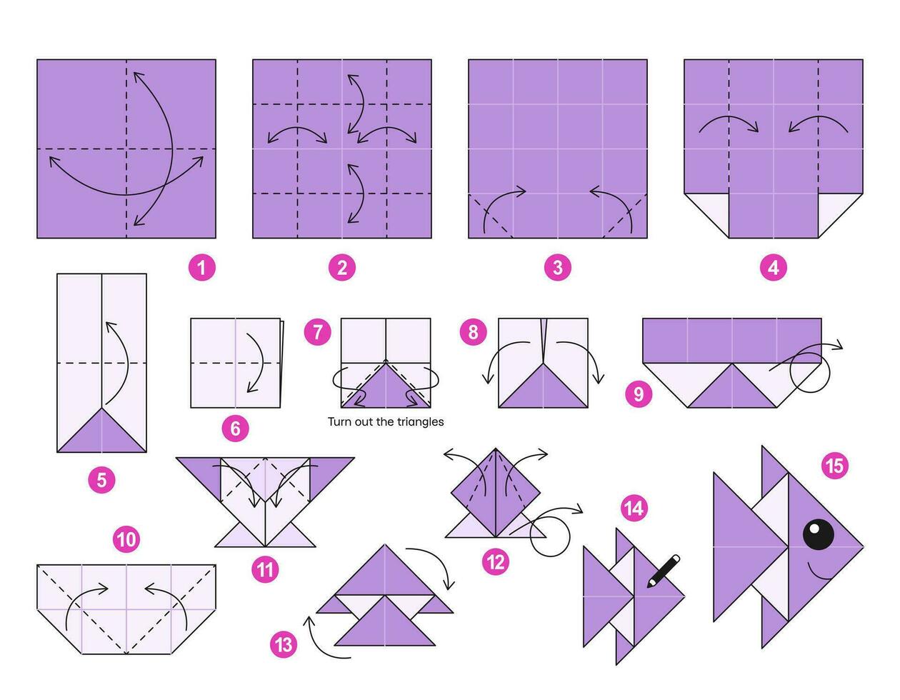 Fish origami scheme tutorial moving model. Origami for kids. Step by step how to make a cute origami aquarium fish. Vector illustration.