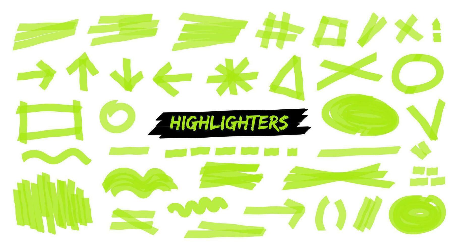 Set of hand drawn highlight brush lines, shapes, elements. isolated vector objects on white background. Doodle neon green strokes of marker. Acid highlighters marker stripes, underlines for any use.