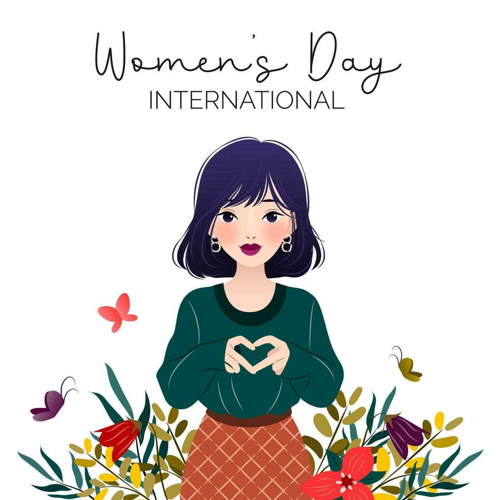 International Women's Day. 8 March. Banner with asian woman showing sign of heart. Spring flowers, herbs. Inspire inclusion. Modern vector design for postcard, poster, campaign, social media post.