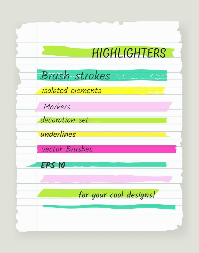 Brush highlight lines and strokes set. isolated vector design elements on background. Doodle neon various strokes of marker. Acid highlighters marker stripes, underlines for any use.