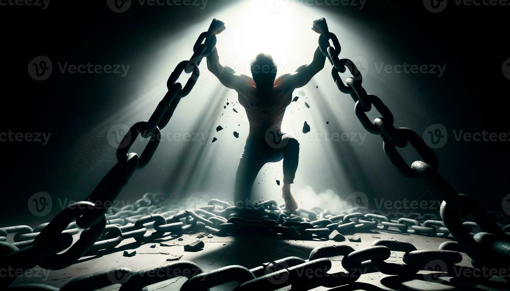 AI generated Strong and courageous man forcefully breaks free from heavy chains, exemplifying the pursuit of self improvement and the relentless drive towards personal freedom and overcoming barriers photo