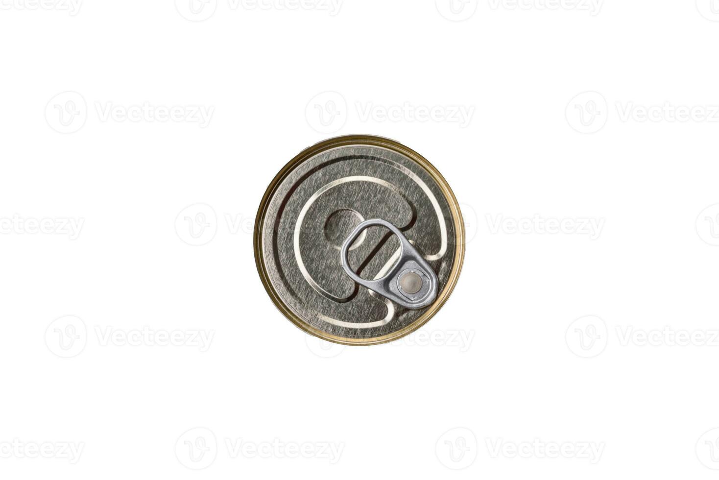 Round metal can with canned fish or meat with a key photo
