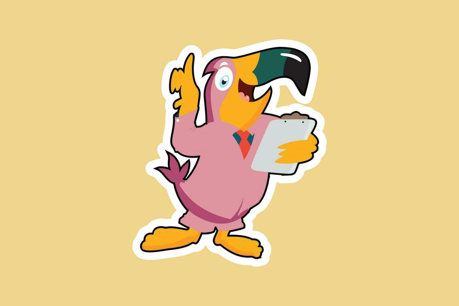 Cartoon character sticker design funny parrot reading report isolated on orange background. Cartoon bird parrot checking report sticker design logo. vector