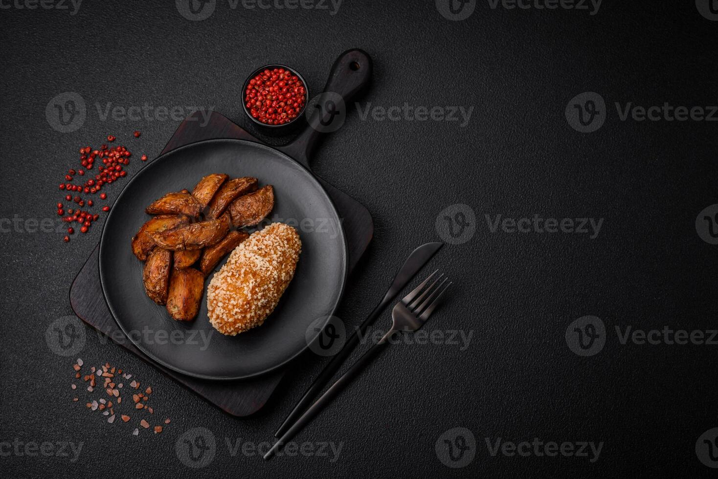 Delicious fresh cutlet or meatball Kiev style with filling photo