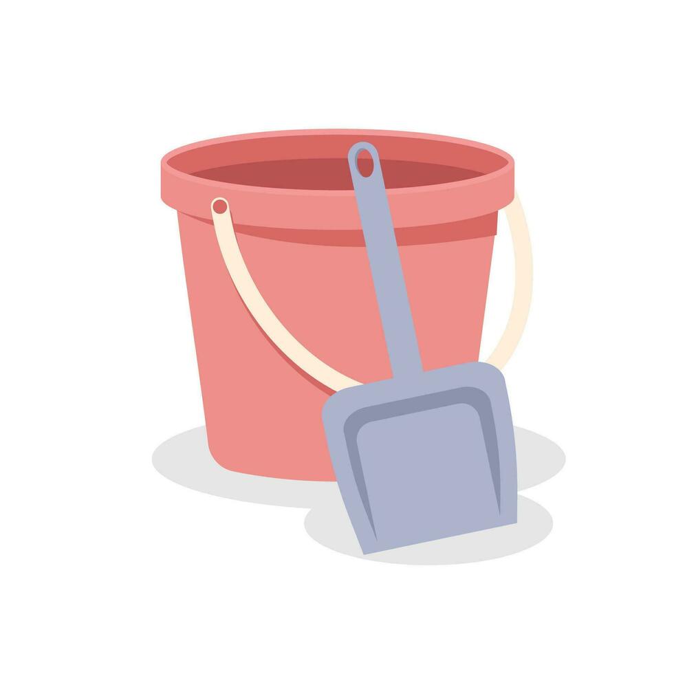 Kids bucket for sand with spatula. Pink plastic bucket toy for kids. Vector illustration