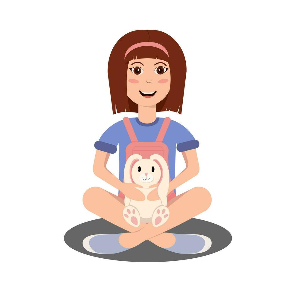 Child with toy flat. A girl with a toy rabbit in her hands is sitting on the grass. Vector illustration