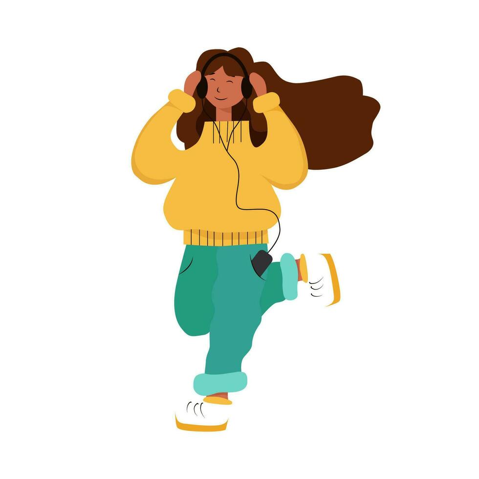 niña escucha a música. un niña en un amarillo suéter y azul pantalones escucha a música con auriculares y va en el notas vector ilustración