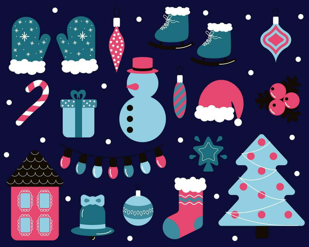 Merry Christmas set concept. Cute set with Christmas sock, Christmas tree, Christmas toys, garland, gifts, holly, snowman, bell, mittens, skates, star, caramel. Vector flat illustration