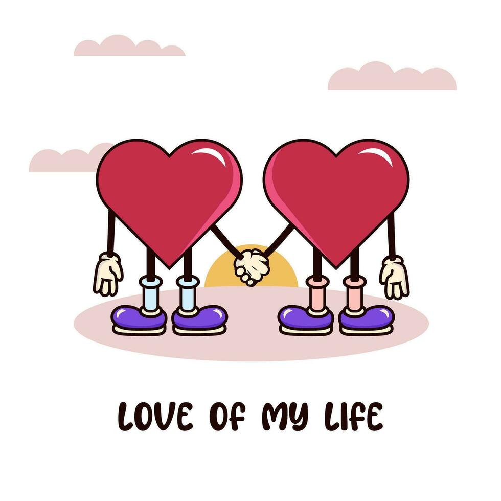 Heart character retro groovy. Postcard two hearts holding each others hands and watch the sunset. Love of my life. Vector illustration