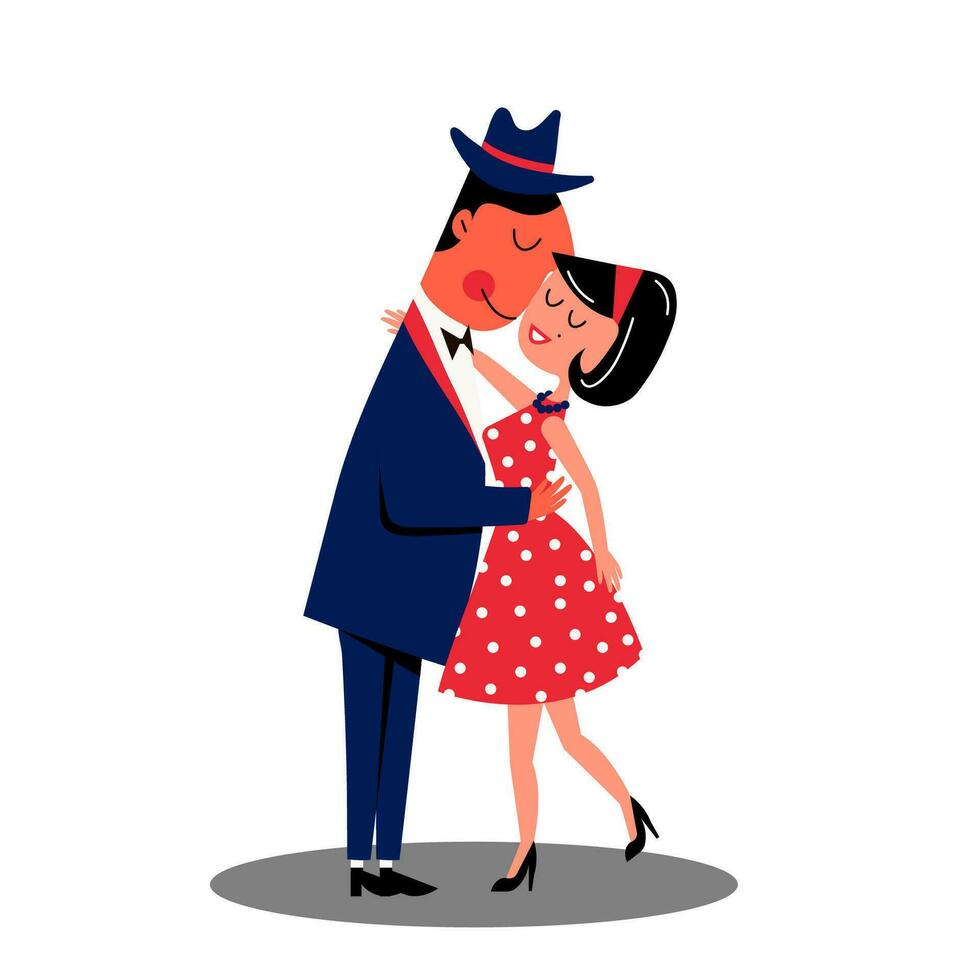 Retro couple valentines day. Man and woman in love in retro 60s 70s style dancing together. vector