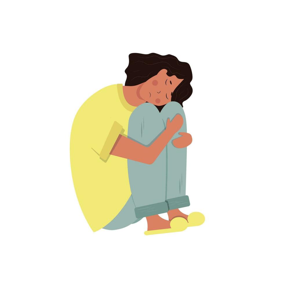 Trouble girl flat. A sad girl sits on the floor and thinks about problems. Vector illustration