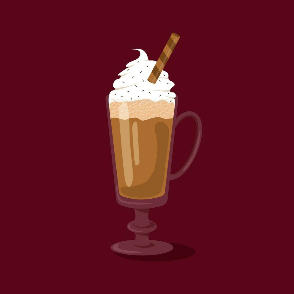 Coffee in glass vector flat. A glass of coffee with foam, cream and waffle tubes. Vector illustration